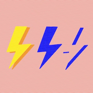 Puede incluir: Tres símbolos de rayos, uno amarillo, uno azul y uno azul con contorno blanco. Los símbolos están sobre un fondo rosa a rayas.