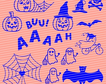 May include: A collection of blue Halloween-themed illustrations on a peach-coloured background with horizontal stripes. The graphics include jack-o'-lanterns, ghosts, bats, a spider web with spiders, a skull, and the text BUU! AAAAAH.