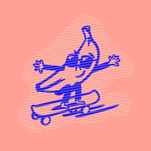 以下が含まれることがあります： サングラスをかけてスケートボードに乗るバナナのキャラクターを描いた青い線画イラスト。図形全体に水平の青い線が施されており、淡いピーチ色の背景には繊細な水平線のパターンが描かれています。