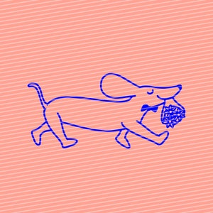 Könnte beinhalten: Eine blaue Linienzeichnung eines Dackels, der einen Blumenstrauß trägt. Der Hund trägt eine Fliege und hat einen glücklichen Gesichtsausdruck.