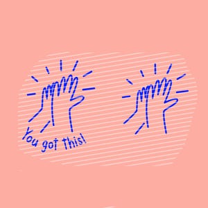 Peut inclure: Illustration de deux mains bleues se faisant un high five, avec des lignes rayonnantes, sur un fond rose. Les mots "You got this!" sont écrits en bleu en dessous des mains. Le fond a une forme ovale rose clair avec des lignes diagonales blanches.