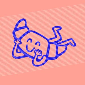 Op de afbeelding: Een blauw stripfiguur met een lachend gezicht en een hoed, liggend op een roze achtergrond met witte diagonale lijnen. De armen van het personage zijn gebogen en de handen zijn dicht bij het gezicht.