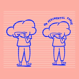 Può includere: Due figure blu disegnate a tratto con teste a forma di nuvola, una con la scritta "ON PERIMENTAL PAUSE". Le figure sono su uno sfondo rosa con strisce orizzontali. Le figure indossano una maglietta e pantaloni.