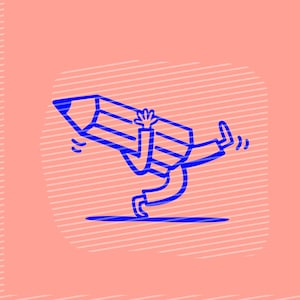 May include: A blue cartoon pencil character with arms and legs, appears to be running or falling. The illustration is set against a peach background with diagonal white lines.