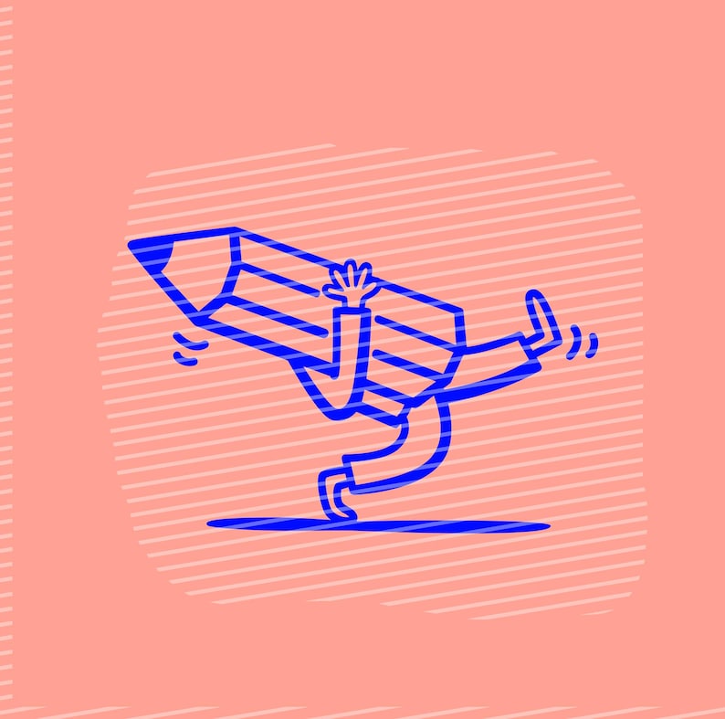 May include: A blue cartoon pencil character with arms and legs, in a running or falling pose. The illustration is set against a peach background with diagonal white lines.