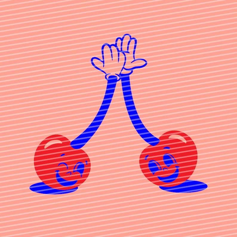 Peut inclure: Deux cerises rouges avec des visages souriants se tapent dans la main avec des bras bleus sur un fond ray&eacute; rose et blanc.
