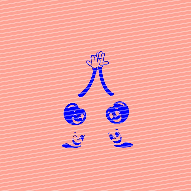 Peut inclure: Illustration de dessin anim&eacute; bleue de deux personnages se donnant une tape dans la main. Les personnages ont des visages souriants et se tiennent sur un fond ray&eacute; rose et blanc.
