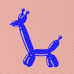 May include: A blue balloon animal shaped like a giraffe with a crown on its head. The giraffe is standing on a pink and white striped background.