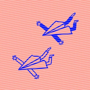 Può includere: Illustrazione a tratto blu di due figure in posa di caduta libera. Le figure sono stilizzate con forme geometriche, su uno sfondo pesca a righe diagonali.