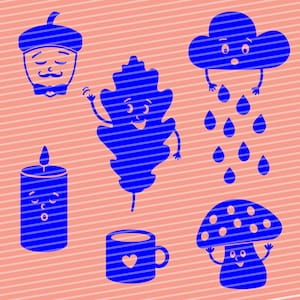 以下が含まれることがあります： 雨の滴る雲、どんぐり、葉っぱ、ろうそく、キノコ、コーヒーカップの6つの青い漫画イラストのセット。各イラストは笑顔をしています。