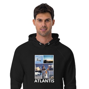 Space Shuttle Atlantis Hoodie – Vintage NASA Photo Collage by BCPix – Unisex Eco Raglan Sweatshirt, Space Lover Gift