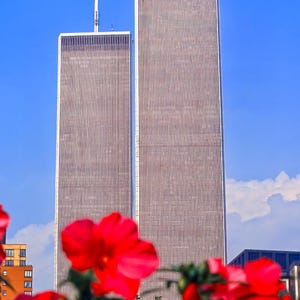 World Trade Center Poster, Twin Towers über Blumen, Fotowandkunst von BCPix.com