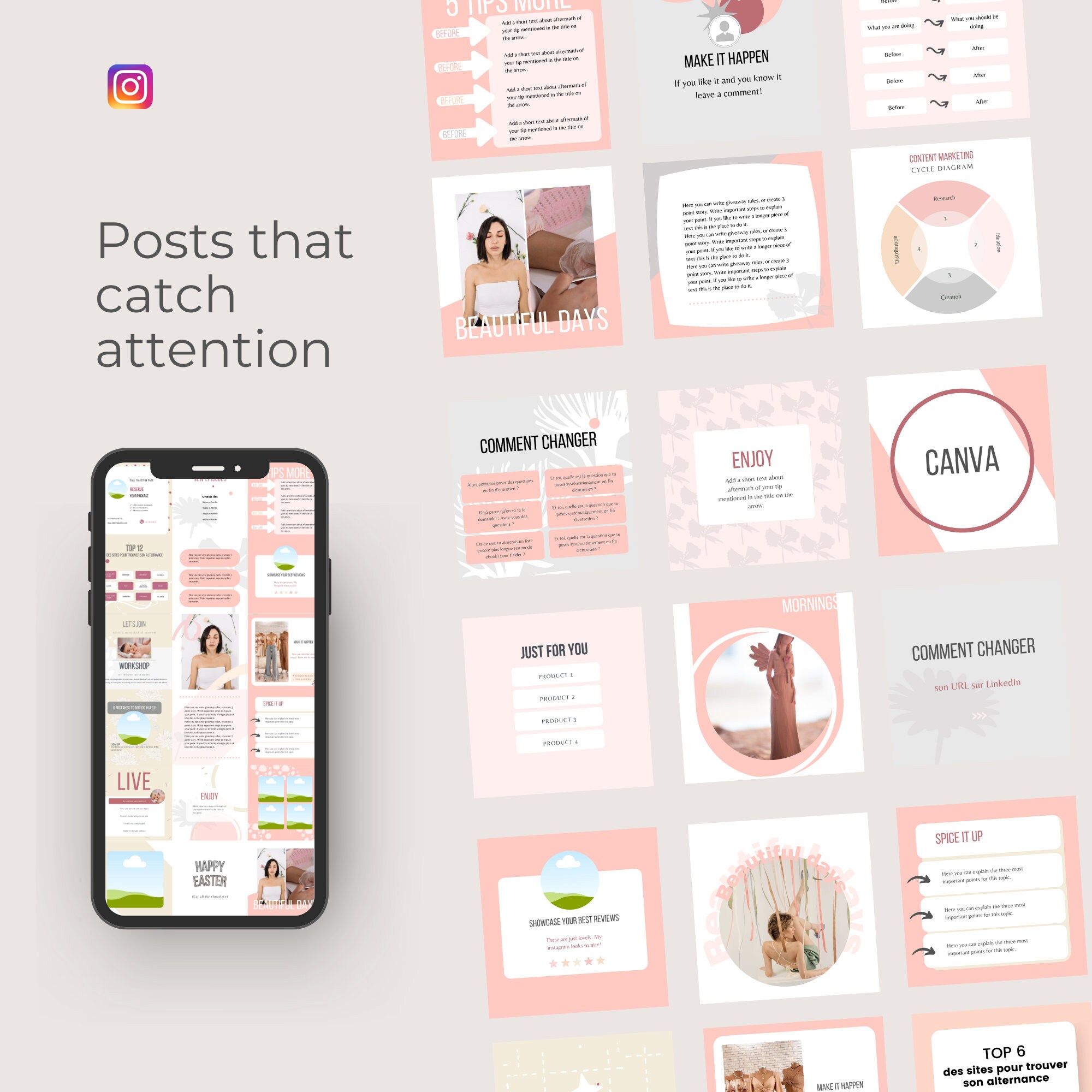 Pink Blog Emplae 90 Instagram Template Canva. Pink Blogger Template for Social Media ...