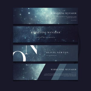 May include: A blue and white banner with a starry background. The banner reads "Marketing Manager" and "Olivia Newton, Entrepreneur".