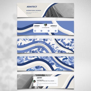 Könnte beinhalten: Ein Satz von fünf blauen und weißen Banner-Designs mit wellenförmigen Linien und floralen Mustern. Die Banner zeigen den Text "ARHITECT", "INTERNATIONAL BUSINESS", "JEREMY ARNOLD", "ILLUSTRATOR", "arhitect", "international business", und "JEREMY ILLUSTRATOR AVAILABLE FROM MAY TILL AUGUST".