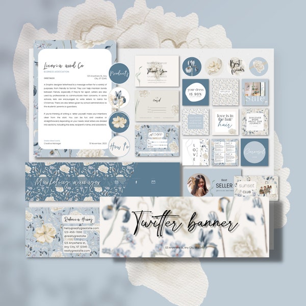 Branding Kit blue, floral, DIY, social media kit, branding package, media kit, branding kit ,template canva