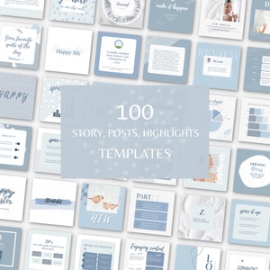 100 Blue Instagram template, baby blue posts, blue highlights and story, beauty