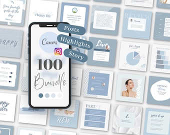 Instagram template blue, blue posts, highlights, instagram bundle, instagram templates, canva template