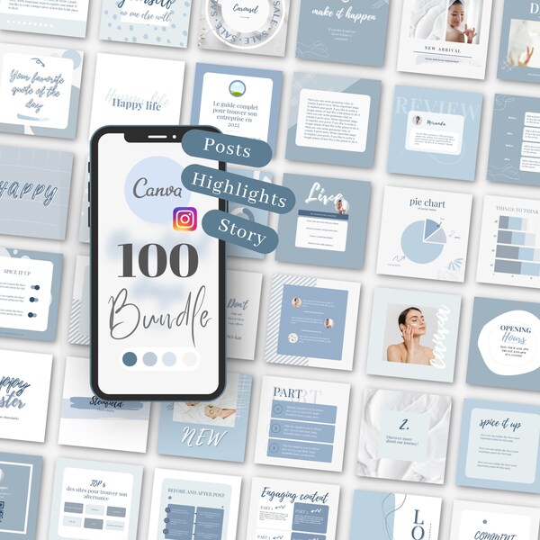 Instagram template blue, blue posts, highlights, instagram bundle, instagram templates, canva template