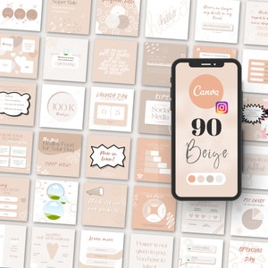 Pode incluir: Uma coleção de 90 modelos de mídia social bege para Canva. Os modelos apresentam vários designs, incluindo corações, estrelas e formas geométricas. O texto "90 Beige" é exibido em uma fonte grande na parte superior da imagem.