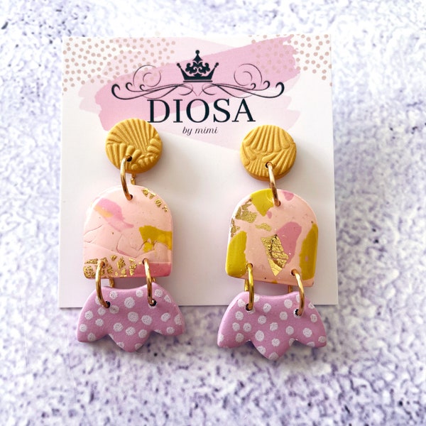 Pink, mustard and purple chic handmade earrings, perfect everyday styling, going out or casual fashion jewellery earrings gift  for mum