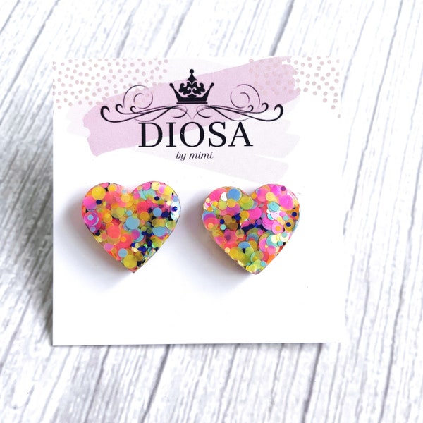 Heart Shape Glittery Studs, Multi coloured heart studs, Love heart earrings, Shiny Rainbow Glitter Earrings, Neon bright studs