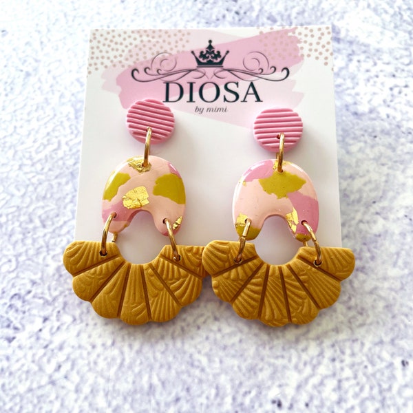 Pink, mustard and gold accent chic handmade earrings, perfect everyday styling, going out or casual fashion jewellery earrings gift  for mum