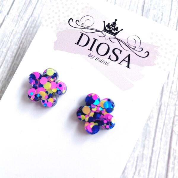 Pink Purple Neon Flower Studs, Shiny resin studs, handmade stud earrings, modern Flower Shape Studs, Small Glitter Resin Stud Earrings