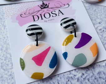 Disco Retro splotchy round Earrings, Terrazzo Statement resin and clay handmade party earrings, birthday gift for wife, gift for girlfriend