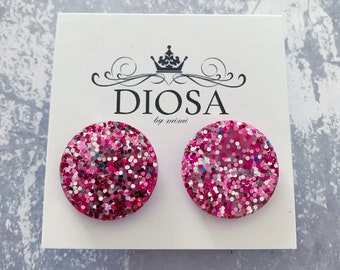 Pink round jumbo stud earrings /Glitter stud earrings /Party earrings / Summer bright accessories/ Statement stud earrings / trendy earrings