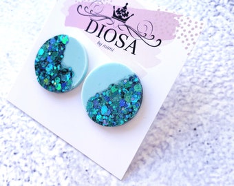 Blue Statement Glittery Stud Earrings, Shiny Stud Earrings, Purple Elegant Statement Earrings, Hypoallergenic Resin Earrings