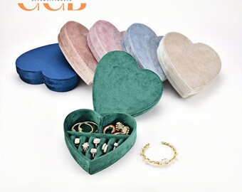 Heart-Shaped Velvet Jewelry Box, Multi-Compartment Organizer for Rings & Earrings, Valentine's Day Gift, Bridal Shower Favor