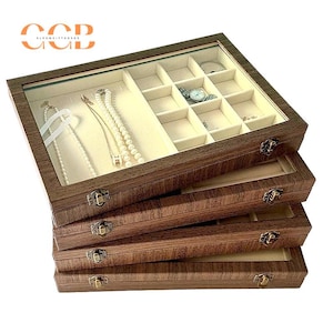 Large brown wood grain jewelry display box with glass lid, tray organizer for earrings rings necklaces bracelets, jewelry storage case