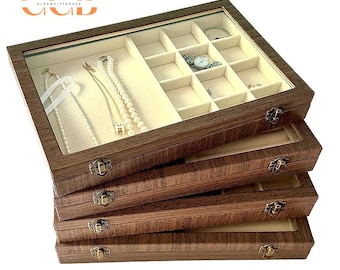 Große braune Holzmaserung Schmuckschatulle mit Glasdeckel, Tablett-Organizer für Ohrringe Ringe Halsketten Armbänder, Schmuck Aufbewahrungskoffer