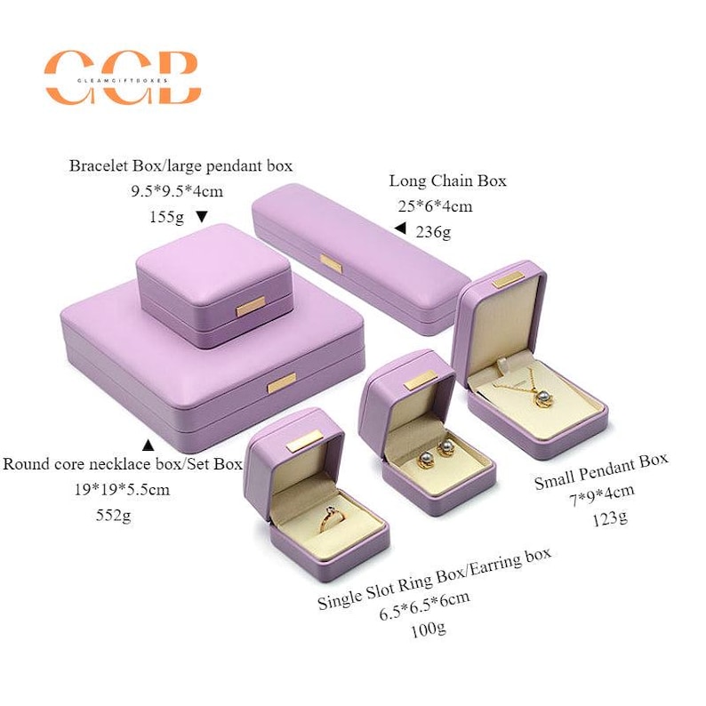 Kundenspezifische Premium-Luxus-Schmuckschatulle aus Lavendel und weißem Leder, Schmuckset, Mikrofaserfutter, Schmuckverpackung, Armband- und Halskettenbox Bild 3