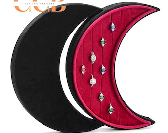 Crescent Moon-Shaped Velvet Ring Box, Black Exterior with Red Quilted Lining, Unique Holder for Engagement & Wedding Rings, Gothic