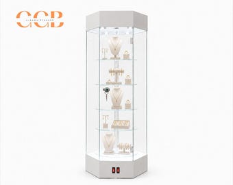 Rotating acrylic jewelry display cabinet, cosmetic and watch showcase stand, earring sample counter for retail or exhibition use