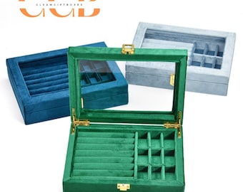 Lockable Clear-Lid Velvet Ring Display Box, Lockable Jewelry Organizer for Rings, Earrings Studs, Vanity Retail Display
