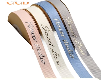 Custom Grosgrain Satin Ribbon with Gold Foil Logo, Personalized Name Printing, Gift Packaging Ribbon for Flowers and Boxes