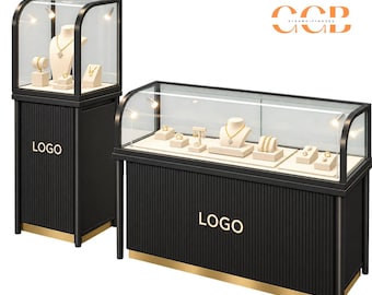 Curved Glass Jewelry Display Cabinet, Stainless Steel Showcase, Luxury Retail Counter, Jewelry Store Display Case, Custom Size