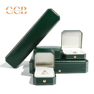 Customised PU Leather Green Jewelry Box, Octagon Jewelry Handmade Box, Engagement & Wedding Set Elegant, Earrings Box, Pendant Box