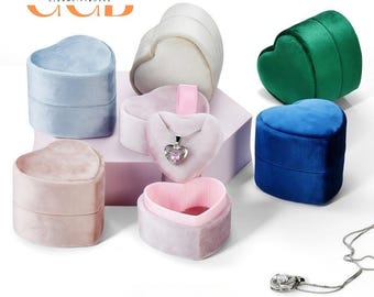 Heart-Shaped Velvet Ring or Necklace Box, 2-Slot Holder for Engagement & Wedding Rings, Romantic Proposal Ring Box