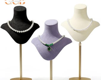 Velvet necklace display stand with gold base, tall bust stand for jewelry showcasing, wholesale display prop for retail and craft fairs