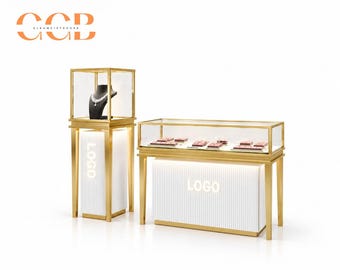 Custom Luxury Gold Jewelry Display Cabinet, Glass Showcase Counter & Tower, LED Retail Display Case, Optional Lockable Base Cabinet