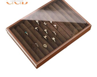 Brown velvet jewelry display tray with cover, jewelry organizer for rings, necklaces, bracelets & earrings,jewelry holder,travel jewelry box