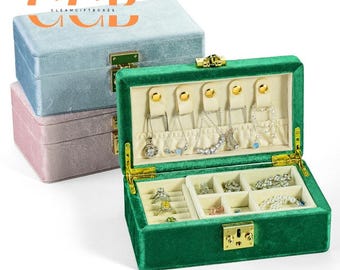 Velvet Jewelry Box with Lock, Multi-Compartment Organizer with Earring Hooks, Ring Slots & Necklace Pouch, Vanity Travel Storage