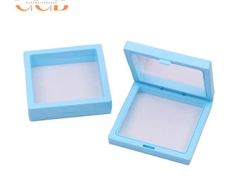 10pcs Blue Floating Jewelry Display Box with PE Film, Sealed Suspension Storage Case, Clear Square Display Box for Gems Crystals Collectors