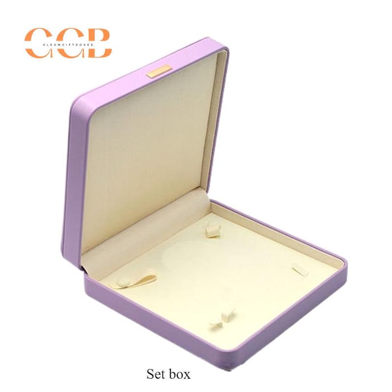 Kundenspezifische Premium-Luxus-Schmuckschatulle aus Lavendel und weißem Leder, Schmuckset, Mikrofaserfutter, Schmuckverpackung, Armband- und Halskettenbox Bild 10