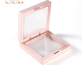 10pcs Pink Floating Jewelry Display Box with PE Film, Sealed Suspension Storage Case, Clear Square Display Box for Gems Crystals Collectors