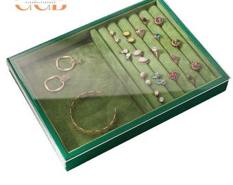 Green jewelry tray with lid for necklaces bracelets and rings for jewelry businesses, jewelry organizer, jewelry travel case